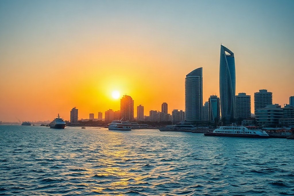Tel Aviv skyline from the beach at sunset
