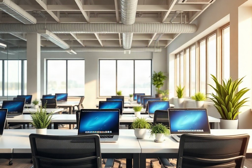 Engineers workspace with laptops and whiteboard in a startup office