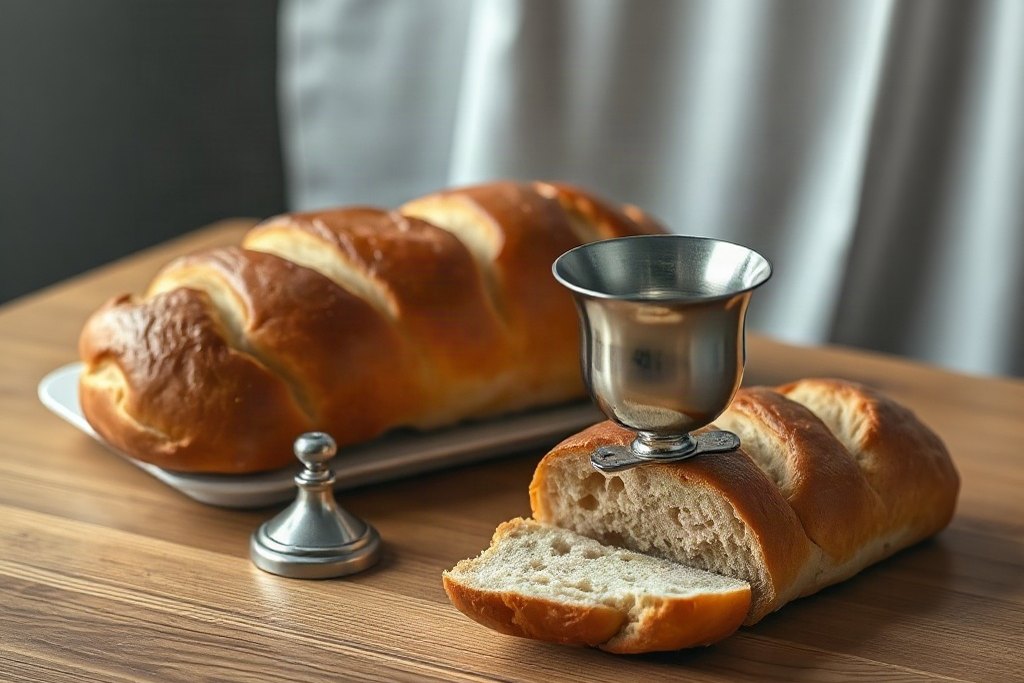 Shabbat table with candles and challah bread