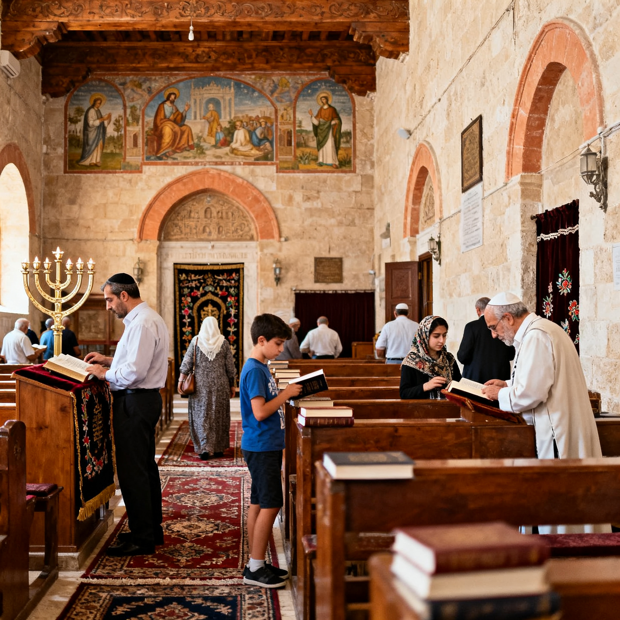 Neon lights highlight the Ten Commandments and Aron Kodesh in a Kurdish synagogue in Nachlaot, Jerusalem